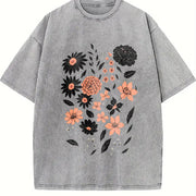Pressed Flowers Botanical Floral Vintage Washed T-Shirt in Gray