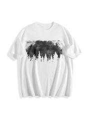 Nature Pine Forest Silhouette Cotton T-Shirt in White