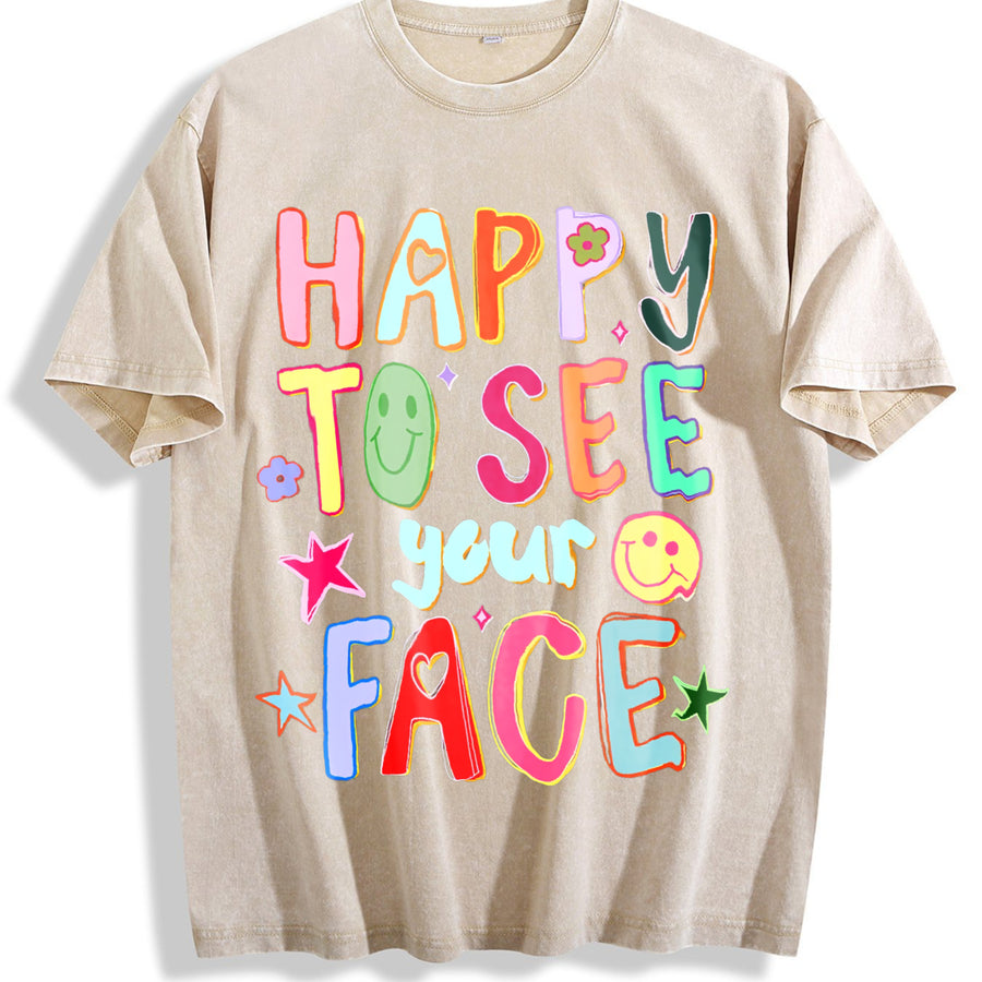 Happy To See Your Face Teacher Hand Drawn Colorful Doodle vintage washed oversized T-shirt in Beige