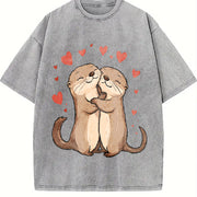 Otter Love Cute Hugging Otters Vintage Washed T-Shirt in Gray
