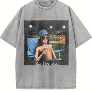 Baseball Glam Doll I Live Here Now Vintage Washed T-Shirt in Gray