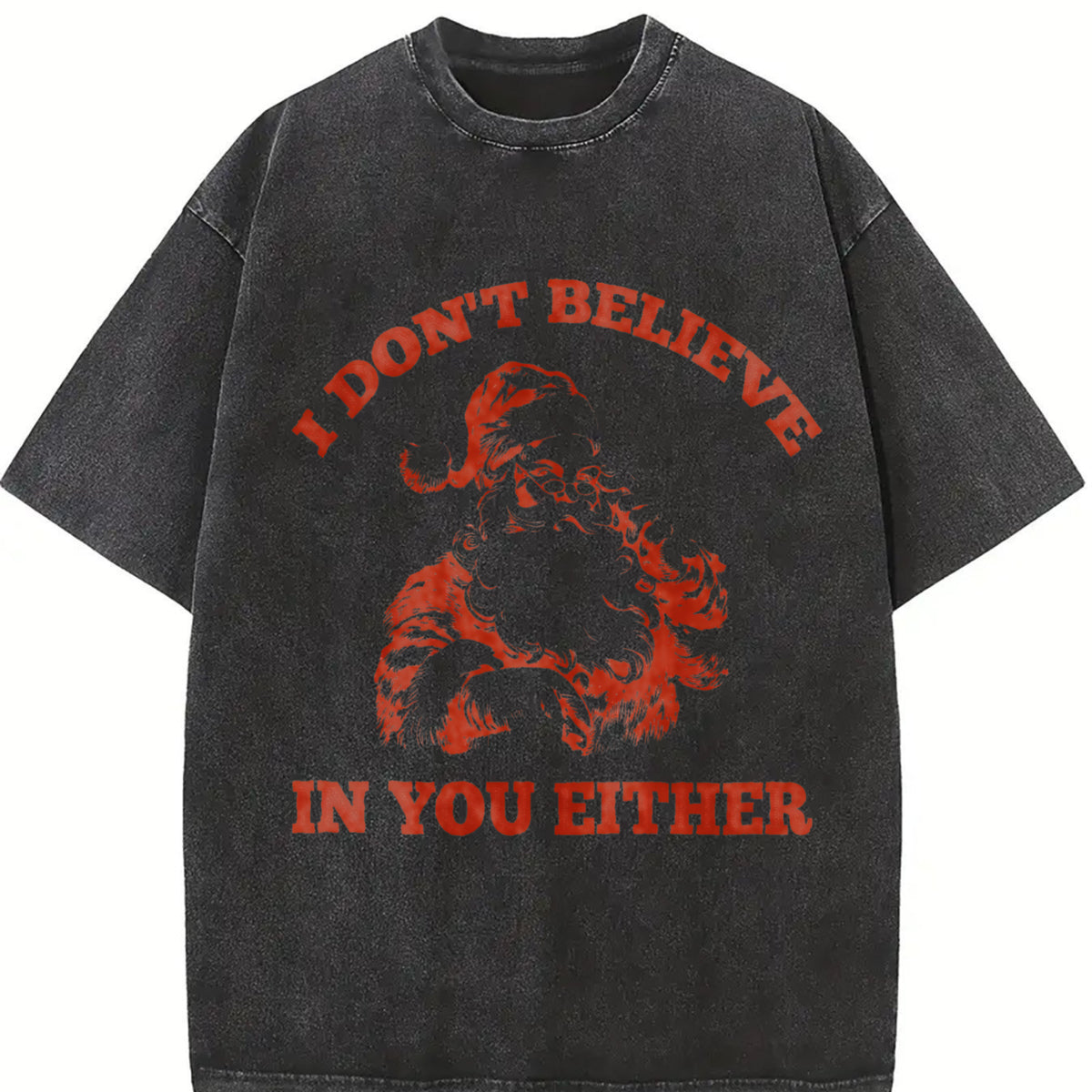Retro Santa I Don't Believe in You Either 90s Vintage Washed T-Shirt in Black