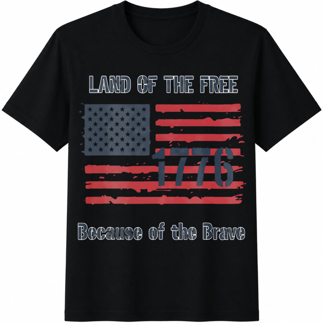 1776 Land of the Free Because of the Brave Cotton T-Shirt in Black