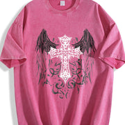Gothic Lover + Ornate Angel Wing Cross + Sand- Feel + + Vintage Washed T-Shirt in Red