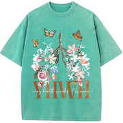 YHWH Yahweh Floral Christian Vintage Washed T-Shirt in Blue