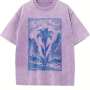 Lily Flower Medieval Renaissance Linocut Art Vintage Washed T-Shirt in Purple
