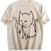 Cat Smoking Y2k Vintage Washed T-Shirt in Beige