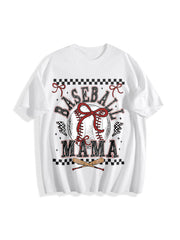 Retro Baseball Mama Checkered Cotton T-Shirt in White