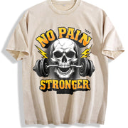 No Pain Stronger Skull Vintage Washed T-Shirt in Beige