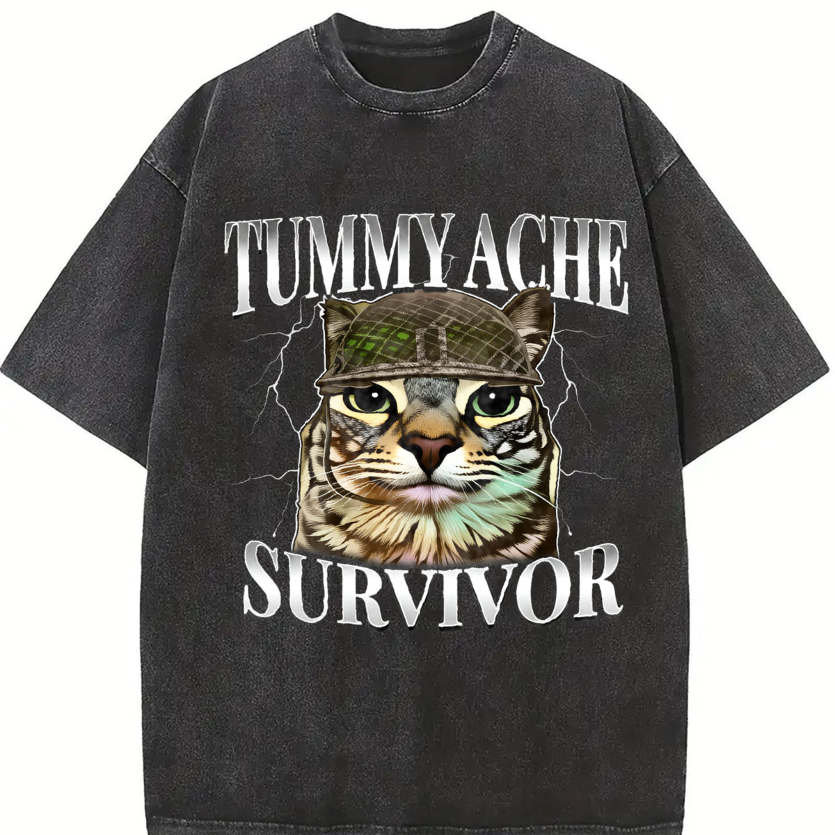 Tummy Ache Survivor Cat Meme Saying Cats Animals vintage washed oversized T-shirt in Black