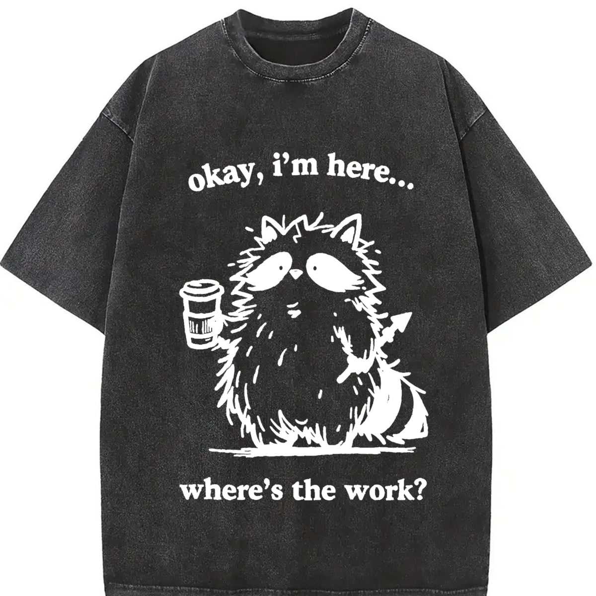Cute Raccoon Work Coffee Vintage Washed T-Shirt in Black