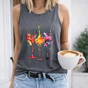 Colorful Wine Glasses Splash Art Crew-neck Sleeveless Vest Women's Color Cotton Tank Top in Gray