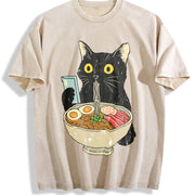 Cat Rahmen Cat Eating Ramen Vintage Washed T-Shirt in Beige