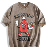 Toddler Ketchup Club Kids Retro Cartoon Foodie for Boys Vintage Washed T-Shirt in Brown