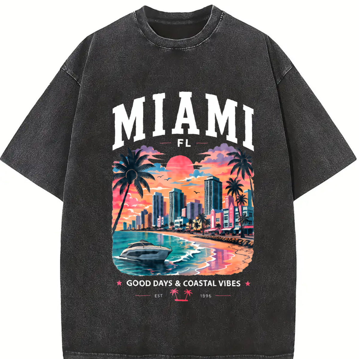 Miami Florida Vintage Washed T-Shirt in Black