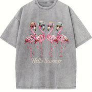 Hello Flamingo Beach Vintage Washed T-Shirt in Gray