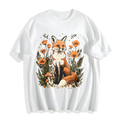 Plant and Animal Fox Floral Spotted Mushroom 1pc Cotton T-Shirt in White