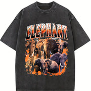 Elephant Retro Wildlife Animal Vintage Washed T-Shirt in Black