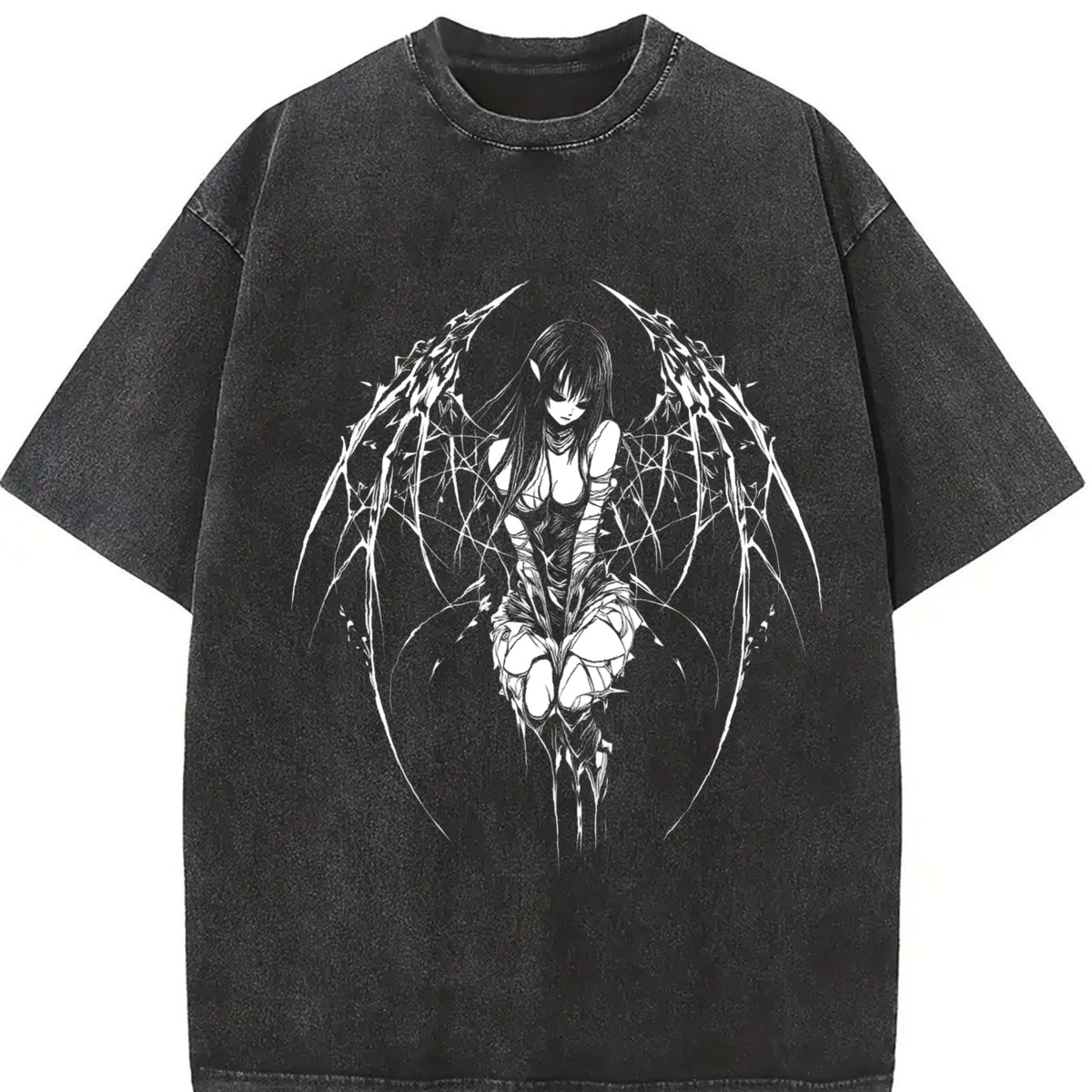 Gothic Y2k Anime Angel Black vintage washed oversized T-shirt in Black