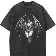 Gothic Y2k Anime Angel Black vintage washed oversized T-shirt in Black