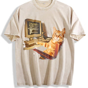Office Cat Working at Computer Meme DTG Vintage Washed T-Shirt in Beige