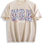 Floral USA America Vintage Washed T-Shirt in Beige
