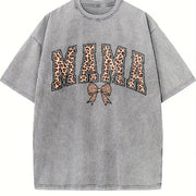 Leopard Mama Retro Bow Mama Vintage Washed T-Shirt in Gray