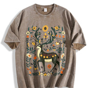 Bohemian Folk Art Vibrant Deer & Floral Vintage Washed T-Shirt in Brown