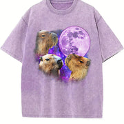 Three Capybaras Retro Capybara Moon Vintage Washed T-Shirt in Purple
