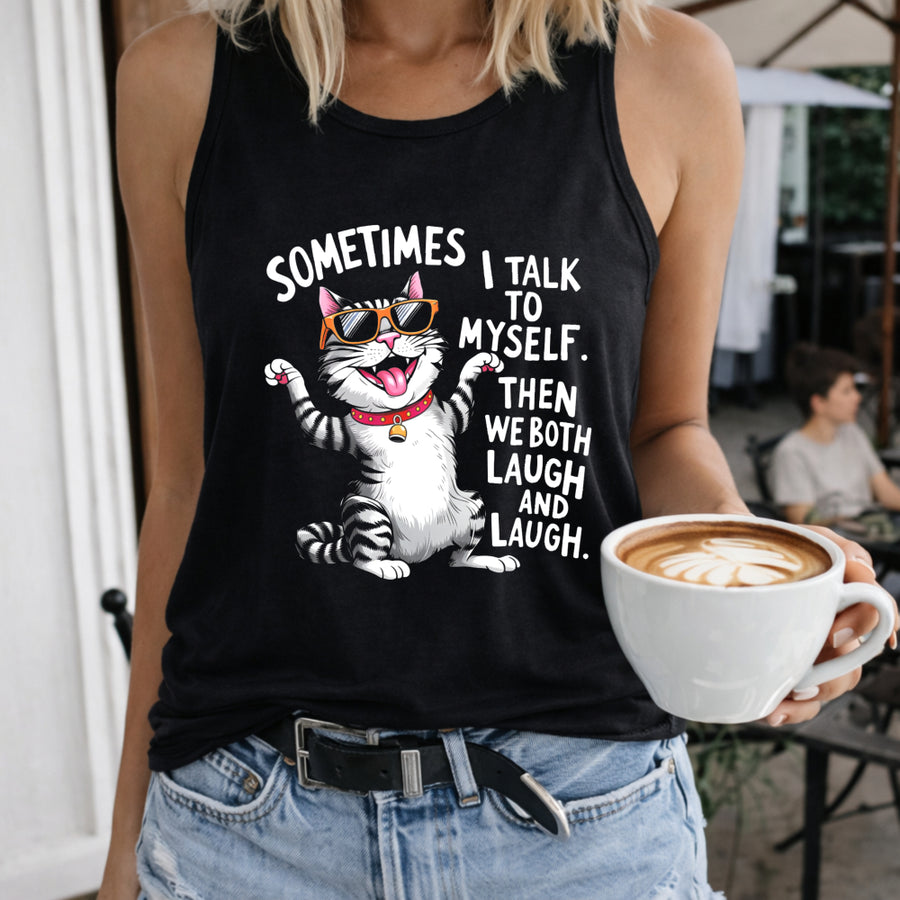 Sometimes I Talk to Myself Cat Women's Color Cotton Tank Top in Black