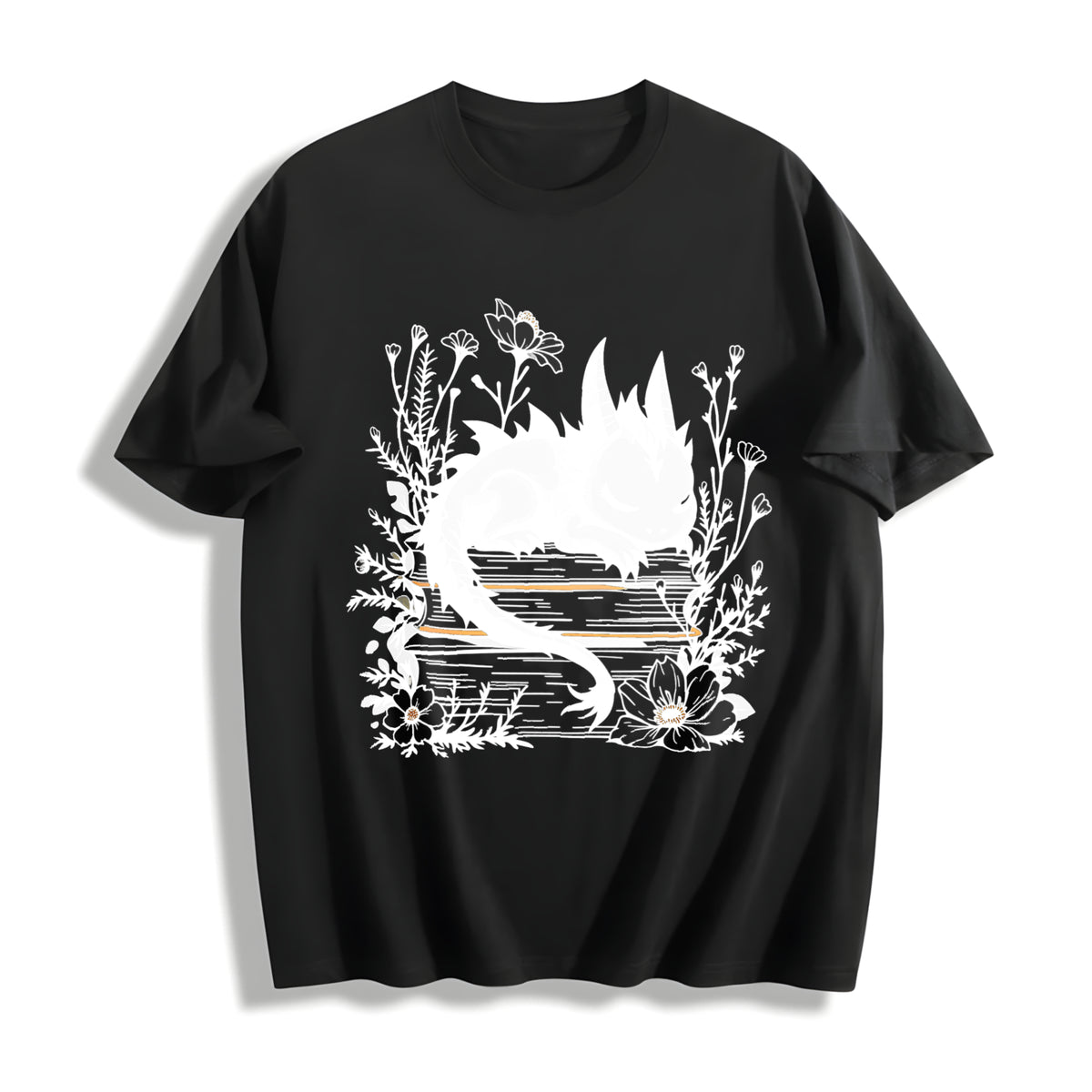 Inspired Whimsical Black Dragon & Floral Book Cotton T-Shirt in Black