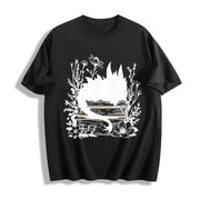 Inspired Whimsical Black Dragon & Floral Book Cotton T-Shirt in Black