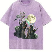 Triceratops Howling to Moon 90s Vintage Washed T-Shirt in Purple