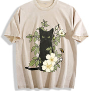 Animal Floral Cat 1pc Vintage Washed T-Shirt in Beige