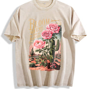 Desert Cactus Flower Letter Vintage Washed T-Shirt in Beige