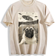 Pug UFO Encounters - UFO and Pug Selfie vintage washed oversized T-shirt in Beige