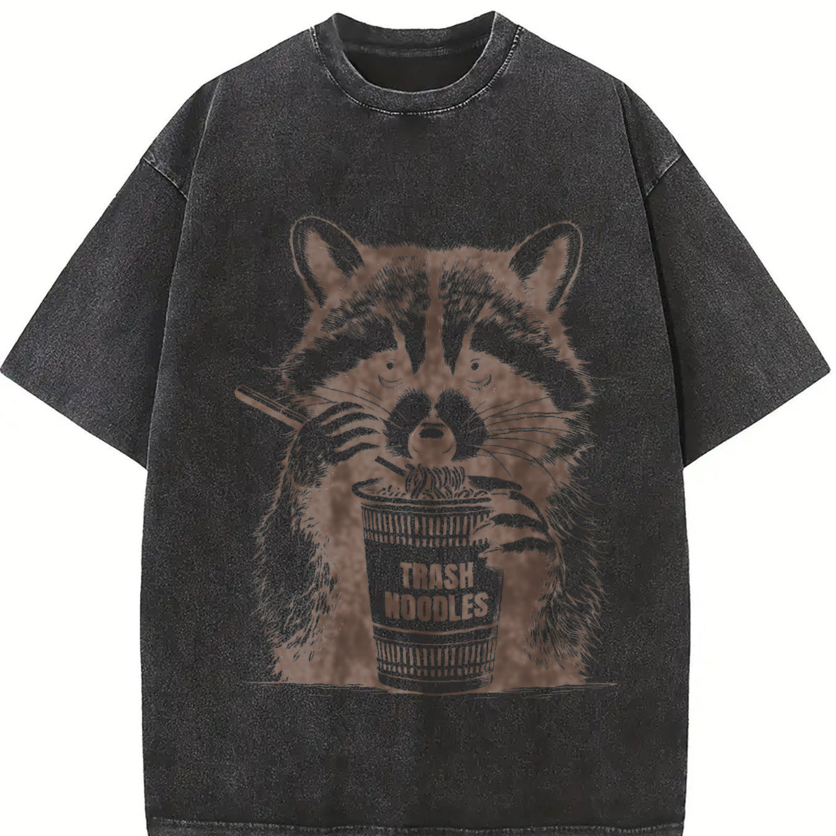 Retro Raccoon Eating Noodle 90s Vintage Washed T-Shirt in Black