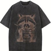 Retro Raccoon Eating Noodle 90s Vintage Washed T-Shirt in Black