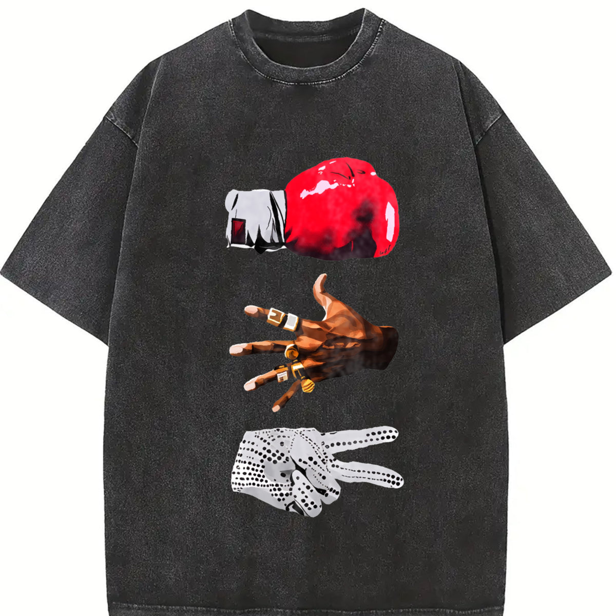 Red Fist and Golden Ring Gestures Vintage Washed T-Shirt in Black