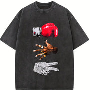 Red Fist and Golden Ring Gestures Vintage Washed T-Shirt in Black