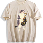 Saxophone Cat Retro Jazz Music Cats Vintage Washed T-Shirt in Beige