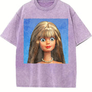 Brunette Glam Doll Portrait Vintage Washed T-Shirt in Purple