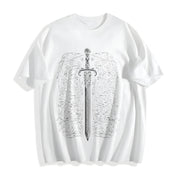 Sword & Letter Ladies for Spring & Fall Cotton T-Shirt in White