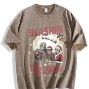 Horror Characters Christmas Vintage Washed T-Shirt in Brown