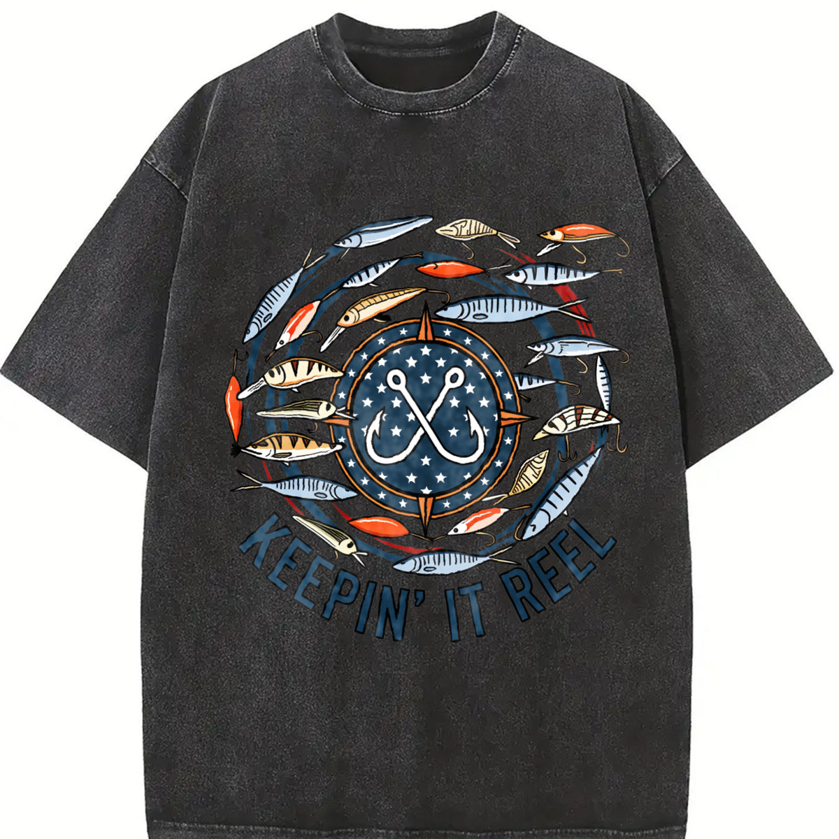 Keepin' It Reel Fish Vintage Washed T-Shirt in Black