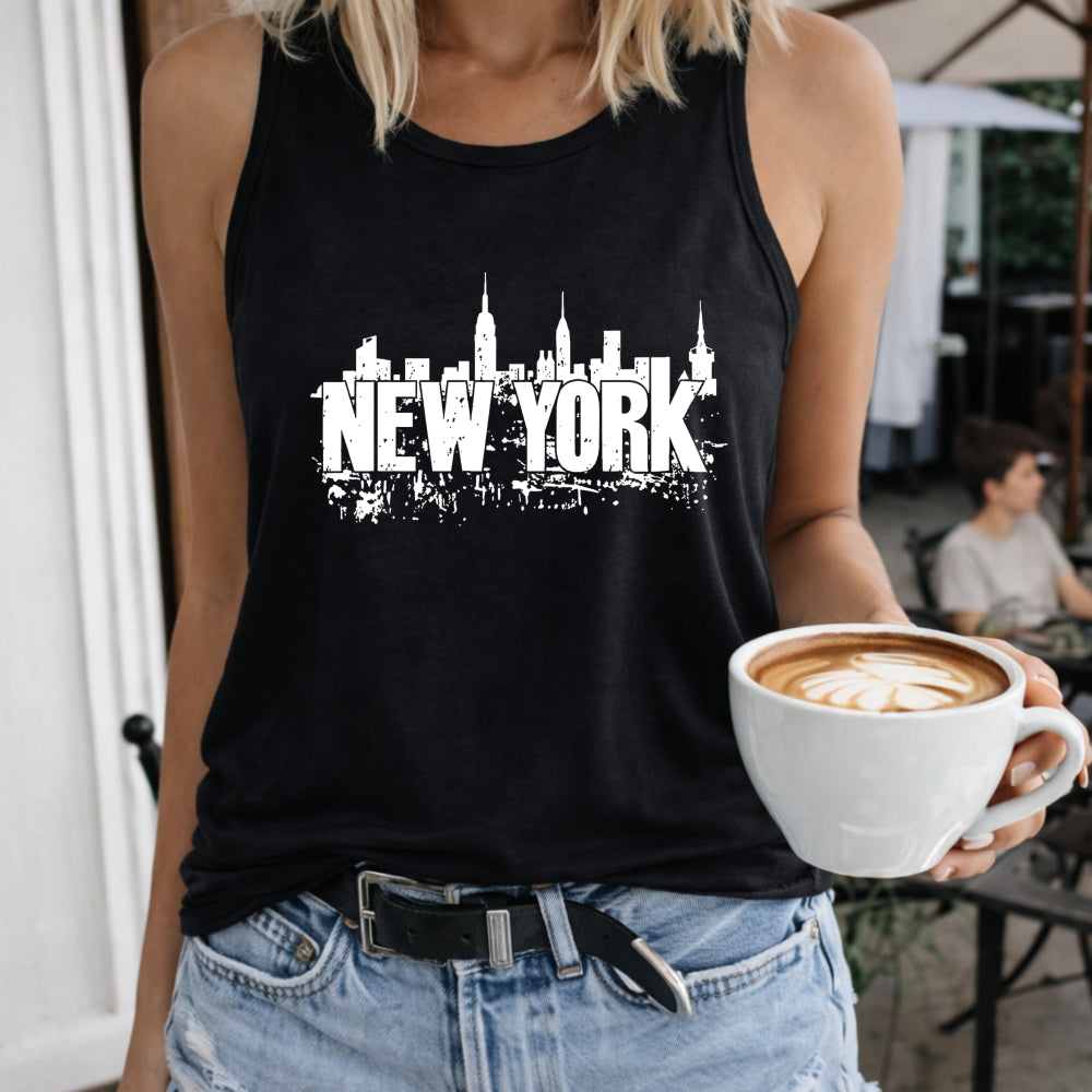 New York Skyline Cityscape Crew-neck Sleeveless Vest Women's Color Cotton Tank Top in Black