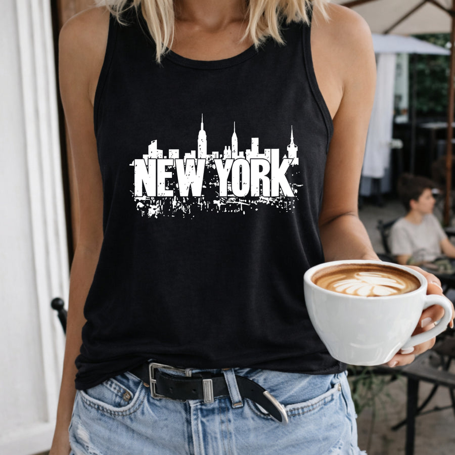 New York Skyline Cityscape Crew-neck Sleeveless Vest Women's Color Cotton Tank Top in Black