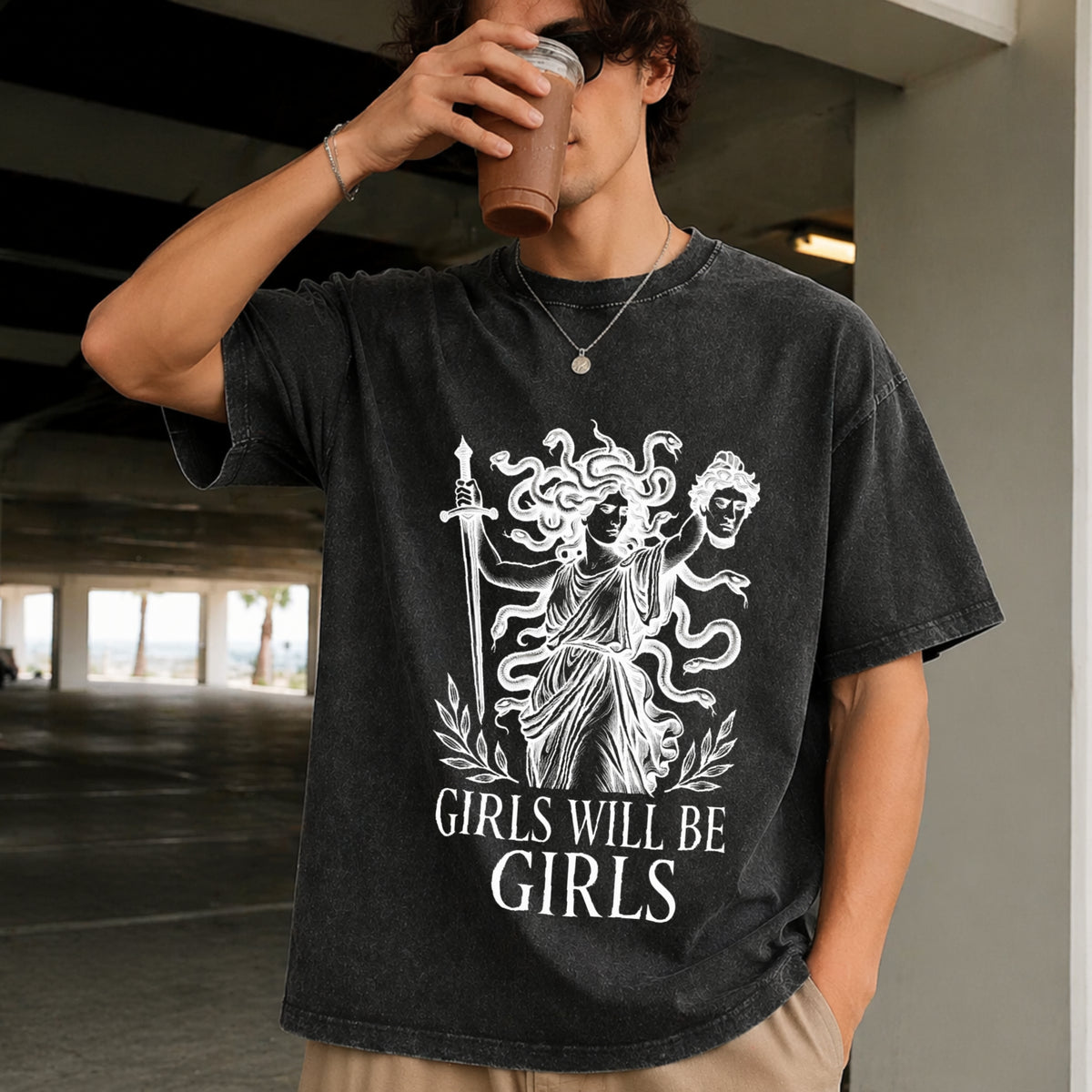 Medusa: Feminist Greek Mythology Vintage Washed T-Shirt in Black