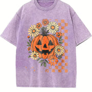 Retro Floral Pumpkin Vintage Washed T-Shirt in Purple