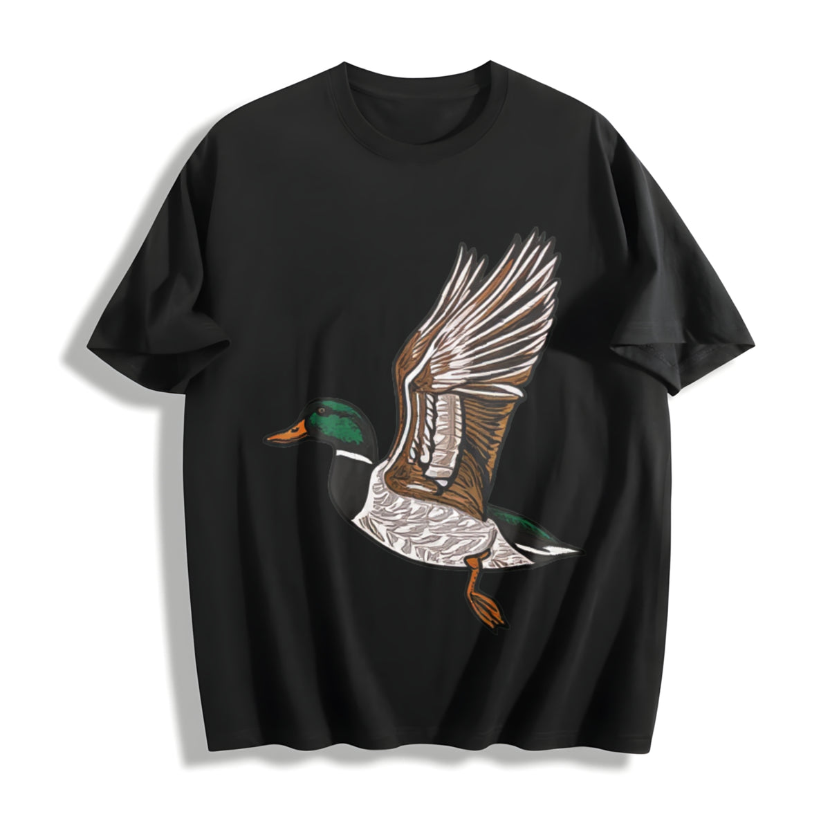 Embroidered Duck Animal Lover Cotton T-Shirt in Black